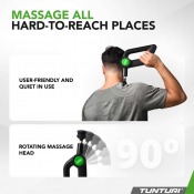 Person som använder Tunturi MG70 massagepistol mot axeln, med liten produktbild och text i bild.