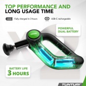 Tunturi MG70 Massage Gun PRO med flera munstycken bredvid och färgade pilar, med text i bild.