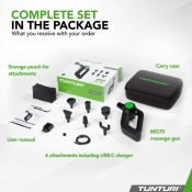 Massagepistol med svart förvaringsväska och flera munstycken utlagda mot vit bakgrund.