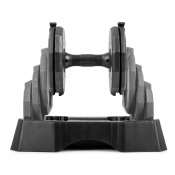 Quick-lock Dumbbell 22,5 kg justerbar hantel placerad i hållare med kompakt design i svart.