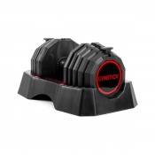 Quick-lock Dumbbell 22,5 kg justerbar hantel med vridbara viktmoduler och handtag i svart och rött.