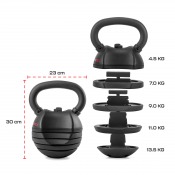 Detaljbild på kettlebell och staplade viktplattor sedd framifrån mot vit bakgrund.