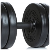 Detaljbild på hantel med rundade svarta viktskivor i vinyl och grepphandtag i metall.