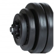 Detaljbild på flera svarta viktskivor i vinyl monterade på kort hantelstång.