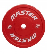 Master Fitness teknikviktskiva i röd plast med runt centrumhål och vit logotyp.