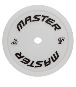 Master Fitness teknikviktskiva i vit plast med runt centrumhål och svart logotyp.