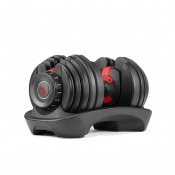 Bowflex SelectTech 552i justerbar hantel med viktvred och röd markeringslinje, sedd i sned vinkel.