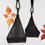 HEfitness Ab Straps med svarta remmar, metallringar och orange logotyp, avbildade mot vit bakgrund.