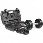 Adjustable Dumbbell Set 15 kg i öppen förvaringsväska med hantlar och skivor