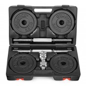 Adjustable Dumbbell Set 20 kg i öppen väska med skivor, handtag och låsmuttrar