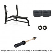 Bänkpresspaket: Weight Bench 200, Titan Guld 20 kg, Hi-Temp-vikter och snabblås