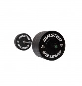 Master Fitness Bumper Plate Set 120 kg med flera svarta bumperviktskivor i olika storlekar.