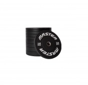 Master Fitness Bumper Plate Set 120 kg med staplade svarta bumperviktskivor sedd framifrån.
