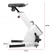 Desk Bike med vit ram, pedaler och sadel, sedd från sidan med mått