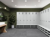 LS1 omklädningsskåp med sittdel i HPL för gym