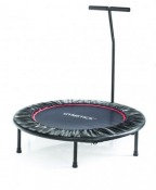 Fitness Trampoline med rund svart hoppduk och avtagbart handtag, fotograferad på vit bakgrund.
