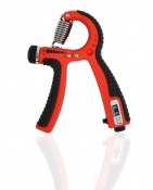 Adjustable Hand Grip With Counter i röd och svart plast med fjädermotstånd och integrerad räknare, placerad fristående mot vit b