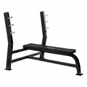 Gymstick Bench Press BP7.0 träningsbänk med svart stålram och integrerade skivstångshållare, sedd från sidan.