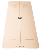 Yogamatta i sandfärgat utförande med centrerad logotyp och markerade linjer sedd ovanifrån.