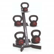 Förvaringsställ för medicinbollar och kettlebells med flera nivåer och svart metallram på vit bakgrund.