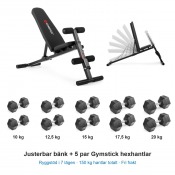 Hantelpaket: Gymstick Multi Bench och fem par Gymstick hexhantlar 10–20 kg