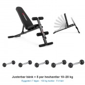 Hantelpaket: Gymstick Multi Bench justerbar bänk och fem par hexhantlar 10–20 kg