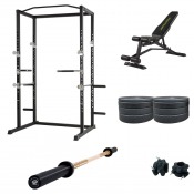 Hemmagym Power Rack 150 kg med power rack, justerbar bänk, bumpervikter, skivstång och skivstångslås