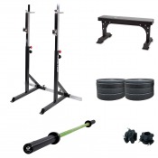 Hemmagym Skivstångsställning 100 kg med ställning, rak bänk, bumpervikter, skivstång och skivstångslås