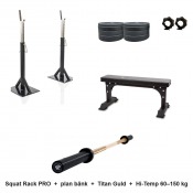 Hemmagym: Squat Rack PRO, plan bänk, Titan Guld och Hi-Temp-vikter