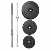 Viktset 57kg i vinyl med skivstänger, viktskivor och lås i svart utförande.