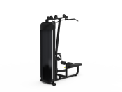 Impulse PL9002 Lat Pulldown Seated Row Black styrkemaskin i svart, sedd snett bakifrån med viktmagasin