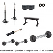 Komplett hemmagym: Squat Rack PRO, plan bänk, stång, vikter och fem par hexhantlar