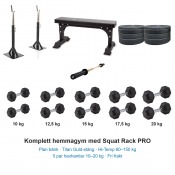 Komplett hemmagym: Squat Rack PRO, plan bänk, stång, vikter och fem par hexhantlar