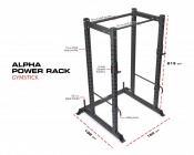 Power rack i svart stål med basram och flyttbara J-krokar, sedd i sned vinkel mot vit bakgrund.