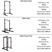 Måttskiss med flera vyer av rack och bänk samt angivna mått i tabeller.
