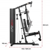 Home gym HG4.0 multigym med viktmagasin och kabelstation, sedd i sned vinkel från sidan.