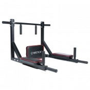 Pull-up & dip rack i svart stål med stabil bas och stödarmar, sedd i sned vinkel mot vit bakgrund.