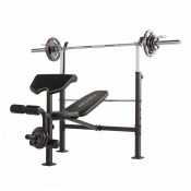 Tunturi WB60 Olympic Width Weight Bench med skivstångsställ, bred dyna och benrullar på vit bakgrund.