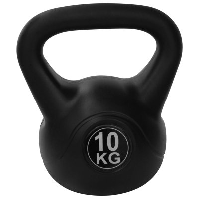 Tunturi PE Kettlebell 10 kg i svart plast med bredt handtag och vit viktmarkering, mot vit bakgrund.