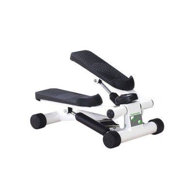 Tunturi Stepper med svarta pedaler, hydraulcylindrar och kompakt ram i silver, på vit bakgrund.