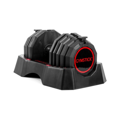 Quick-lock Dumbbell 22,5 kg justerbar hantel med vridbara viktmoduler och handtag i svart och rött.