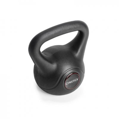 Vinyl Kettlebell 8 kg med svart yta sedd i sned vinkel med rundad kropp och handtag.