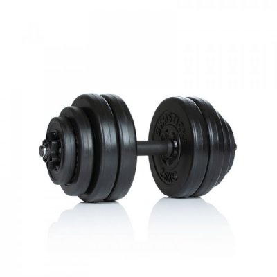 Vinyl Dumbbell Set 15 kg – hantelset med svarta viktskivor i vinyl och raka grepphandtag i metall.
