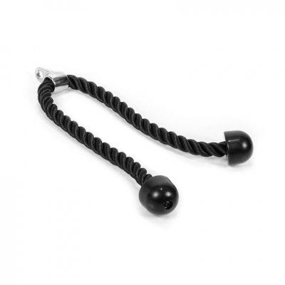 Tricepsrep kabelhandtag med tvinnat rep och två ändstopp i svart gummi samt metallfäste.