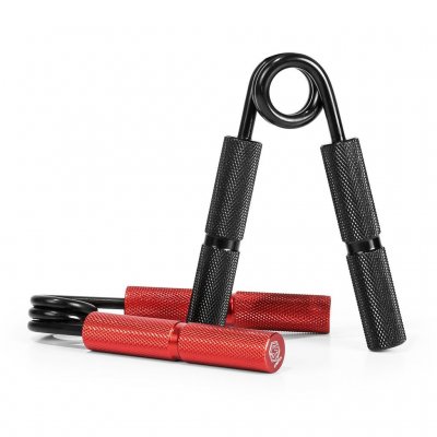 Aluminum Hand Grip som handtränare med svarta handtag och röd fjäder, liggande på vit bakgrund.