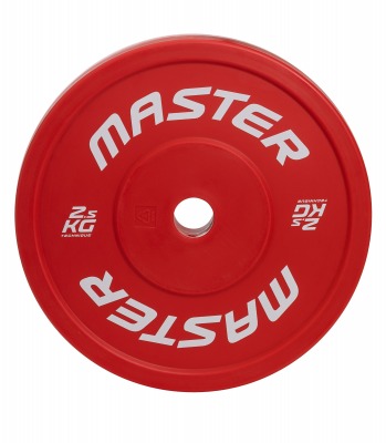 Master Fitness teknikviktskiva i röd plast med runt centrumhål och vit logotyp.