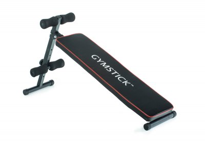 Gymstick Ab Bench magbänk med svart vadderad sittyta och fotstöd med skumrullar på stålram.