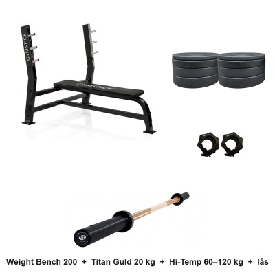 Bänkpresspaket: Weight Bench 200, Titan Guld 20 kg, Hi-Temp-vikter och snabblås
