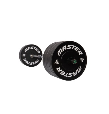 Master Fitness Bumper Plate Set 120 kg med flera svarta bumperviktskivor i olika storlekar.