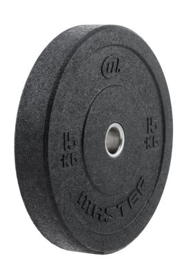 Hi Impact bumper plate i svart gummi med vit logotyp och centrumhål, sedd i sned vinkel.